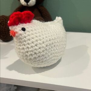 Handmade White Crocheted Chicken Plush Toy with Red Comb